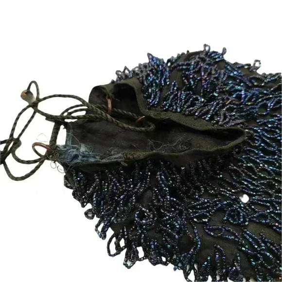 Blue Beaded Fringe Flapper Pouch Purse Antique Vintage Victorian Edwardian TLC - Picture 3 of 4